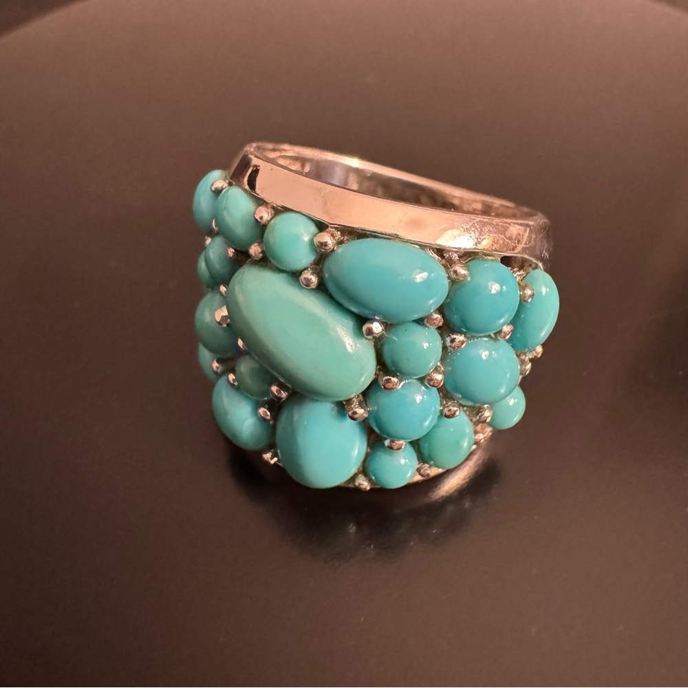 Turquoise Cluster Ring Sterling Silver 925 Bold Domed Statement Size 5.75 - Picture 9 of 9